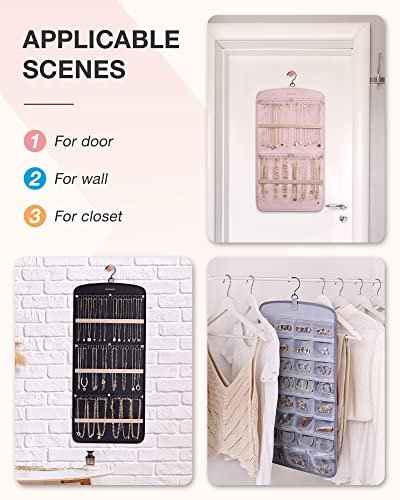 BAGSMART Hanging Jewelry Organizer, Necklace Holder Anti-tangle Earrings Rings Hanger with 20 Jewelry Bags Travel Storage Roll with Pockets Hang on Closet, Wall, Door,1 Piece, Large, Black