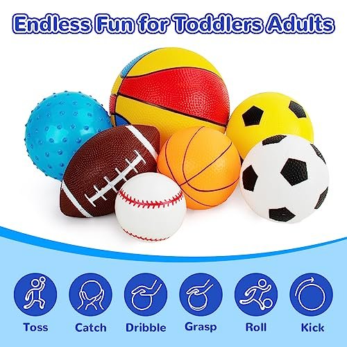 Balls for Toddlers 1-3,Toddler Sports Toys,Set of 7 Kids Ball Soft Foam Baby Sports Balls- Soccer Ball Basketball Baseball Rugby Bounce Ball Playground Indoor Outdoor Toys Gifts,with Free Bump/Bag…