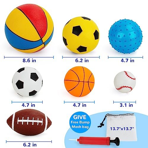 Balls for Toddlers 1-3,Toddler Sports Toys,Set of 7 Kids Ball Soft Foam Baby Sports Balls- Soccer Ball Basketball Baseball Rugby Bounce Ball Playground Indoor Outdoor Toys Gifts,with Free Bump/Bag…
