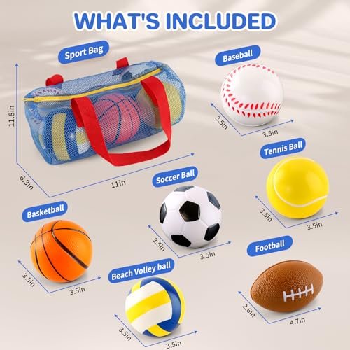 Balls Toys Gift for Toddlers 3 4 5 Years Old,6 Small Sports Foam Balls for Baby with Soccer Ball,Basketball,Football,Baseball,Tennis Ball and Volleyball,Mini Soft Balls for Kids Boys Girl