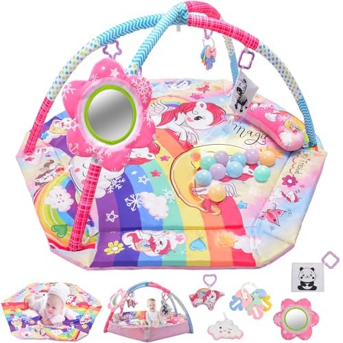 BATTOP Baby Gym Play Mat, 8-in-1 Tummy Time Activity Mat & Ball Pit with 6 Toys, Washable Sensory Playmat for Visual/Hearing/Motor Development, Newborn Gift 0-12 Months (Pink)