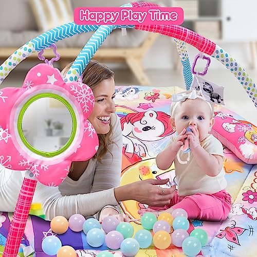 BATTOP Baby Gym Play Mat, 8-in-1 Tummy Time Activity Mat & Ball Pit with 6 Toys, Washable Sensory Playmat for Visual/Hearing/Motor Development, Newborn Gift 0-12 Months (Pink)