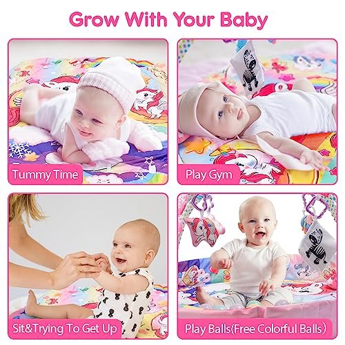 BATTOP Baby Gym Play Mat, 8-in-1 Tummy Time Activity Mat & Ball Pit with 6 Toys, Washable Sensory Playmat for Visual/Hearing/Motor Development, Newborn Gift 0-12 Months (Pink)