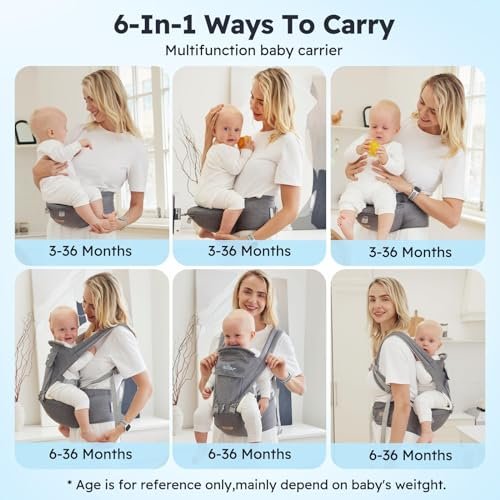 Bear Baby Carrier, 6-in-1 Baby Carrier Newborn to Toddler with Hip Seat (Ergonomic M Position) for 3-36 Month/ 7-44lbs Baby, Adjustable Size for Enhanced Lumbar Support, Perfect for On-The-go
