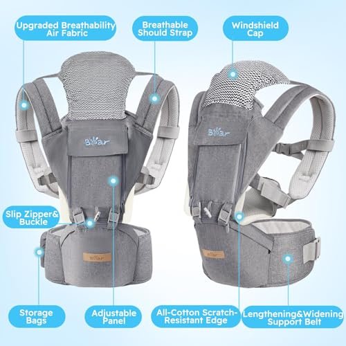 Bear Baby Carrier, 6-in-1 Baby Carrier Newborn to Toddler with Hip Seat (Ergonomic M Position) for 3-36 Month/ 7-44lbs Baby, Adjustable Size for Enhanced Lumbar Support, Perfect for On-The-go
