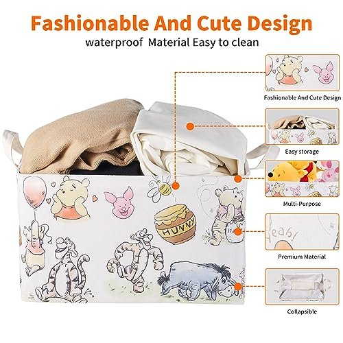 Bear Storage Basket, Nursery Large Hamper Canvas Laundry Basket Foldable With Waterproof Pe Coating,For Kids Boys And Girls, Bathroom, Bedroom, Clothes,Toy Bin (Rice white)