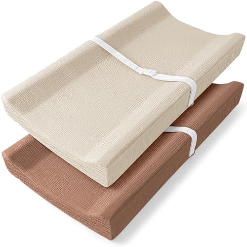 Bearmoss Changing Pad Cover, 2 Pack Muslin [100% Cotton] Diaper Changing Table Covers, 32'' x 16'' Soft Breathable Changing Pad Sheets for Unisex Baby Girls and Boys with Strap Holes (Cappuccino)
