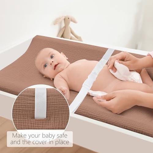 Bearmoss Changing Pad Cover, 2 Pack Muslin [100% Cotton] Diaper Changing Table Covers, 32'' x 16'' Soft Breathable Changing Pad Sheets for Unisex Baby Girls and Boys with Strap Holes (Cappuccino)