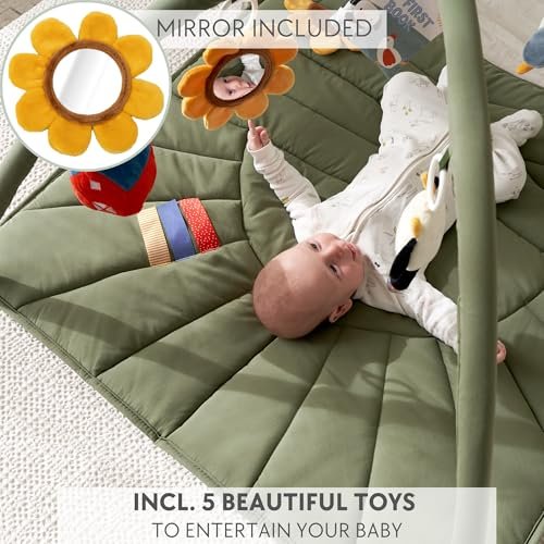 Beautiful Baby Play Gym and Tummy Time Mat - Soft Mat with 5 Farm Toys Creates The Perfect Activity Area for Your Girl/Boy - Stylish Infant Floor Playmat Fits Nicely with Any Playroom Decor