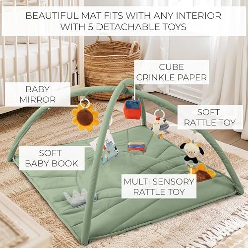 Beautiful Baby Play Gym and Tummy Time Mat - Soft Mat with 5 Farm Toys Creates The Perfect Activity Area for Your Girl/Boy - Stylish Infant Floor Playmat Fits Nicely with Any Playroom Decor