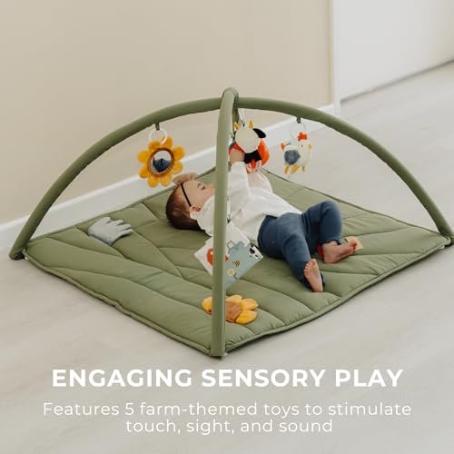 Beautiful Baby Play Gym and Tummy Time Mat - Soft Mat with 5 Farm Toys Creates The Perfect Activity Area for Your Girl/Boy - Stylish Infant Floor Playmat Fits Nicely with Any Playroom Decor