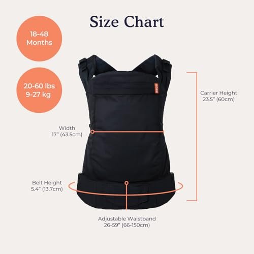Beco Toddler Carrier with Extra Wide Seat, 100% Cotton Toddler Carrying Backpack Style and Front-Carry, Lightweight & Breathable Child Carrier, Toddler Sling Carrier 20-60 lbs (Metro Black)