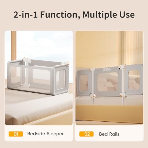 Bed Rail for Toddlers - Baby Bassinet Bedside Sleeper, Portable and Foldable Bed Rail with Child Lock, Suitable for Twin, Full, Queen, King Size, Toddler Bed Guard Rail, Gray, 69.26" x 19.29"