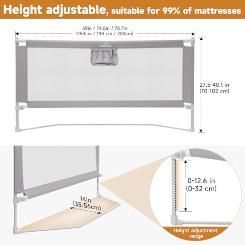 Bed Rail for Toddlers, Foldable Bed Rails Quick Assembly, Height Adjustable Bed Rail Guard with Steady U-Shape Base for Toddlers, Baby, Kids (1, 1 Side 74.8'')