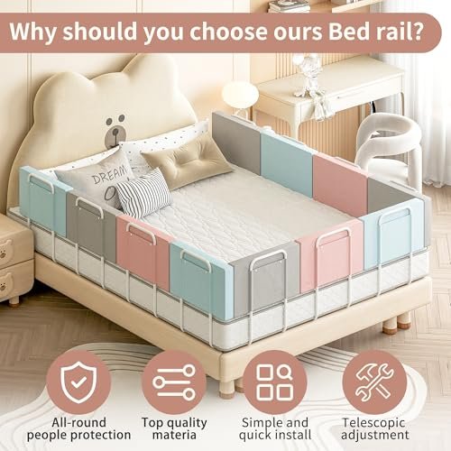 Bed Rail Guards for Toddlers, Adjustable Bed Rails with Safety, Bed Side Rails for Twin, Full, Queen Bunk Size (Pink)