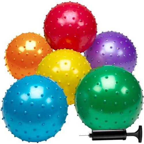 Bedwina Knobby Balls - (Pack of 6) Bulk 7 Inch Sensory Balls and Spiky Massage Stress Balls for Toddlers, with Pump, Fun Bouncy Toddler Balls for Kids Party Favors, Stocking Stuffers