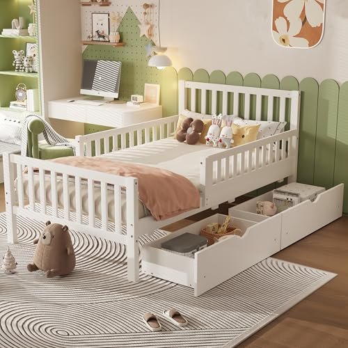 Bellemave Kids Twin Bed Frame with Storage Drawers and Both Sides Guardrails, Kids Platform Bed with Headboard and Slat Support, No Box Spring Needed, White