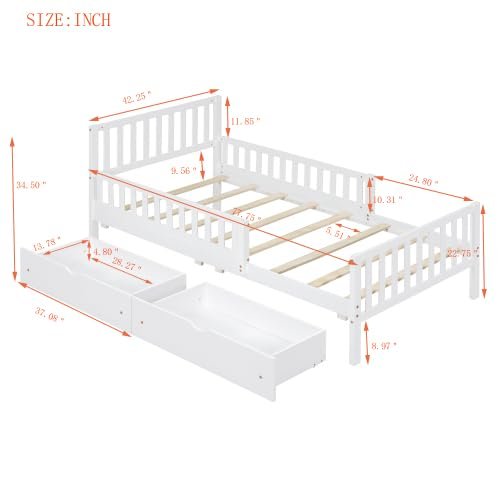 Bellemave Kids Twin Bed Frame with Storage Drawers and Both Sides Guardrails, Kids Platform Bed with Headboard and Slat Support, No Box Spring Needed, White