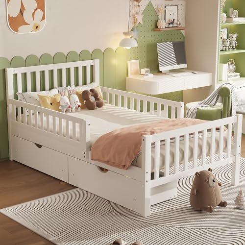 Bellemave Kids Twin Bed Frame with Storage Drawers and Both Sides Guardrails, Kids Platform Bed with Headboard and Slat Support, No Box Spring Needed, White