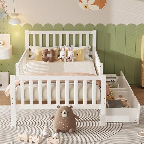 Bellemave Kids Twin Bed Frame with Storage Drawers and Both Sides Guardrails, Kids Platform Bed with Headboard and Slat Support, No Box Spring Needed, White