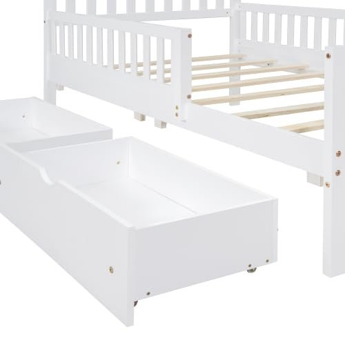 Bellemave Kids Twin Bed Frame with Storage Drawers and Both Sides Guardrails, Kids Platform Bed with Headboard and Slat Support, No Box Spring Needed, White