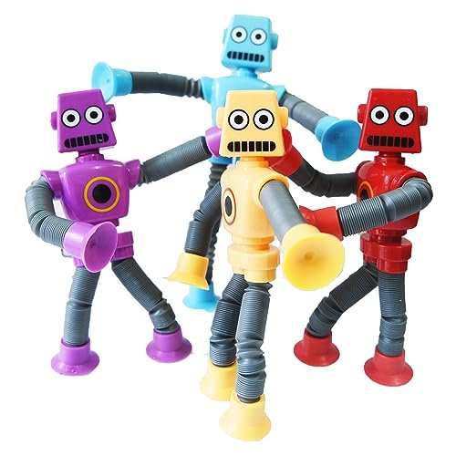 Bendable Robot Figures, Basket Stocking Stuffer Set of 4 Flexible Men, Telescopic Suction Cup Robot Toy, Telescopic Pop Tubes, Fidget Tubes Sensory Toys for Girls Boys
