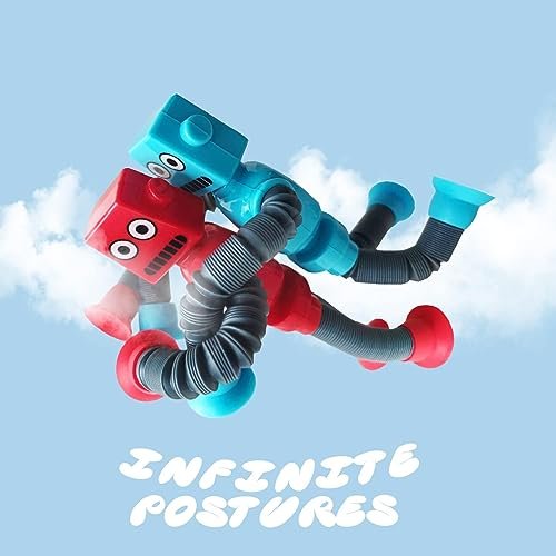 Bendable Robot Figures, Basket Stocking Stuffer Set of 4 Flexible Men, Telescopic Suction Cup Robot Toy, Telescopic Pop Tubes, Fidget Tubes Sensory Toys for Girls Boys
