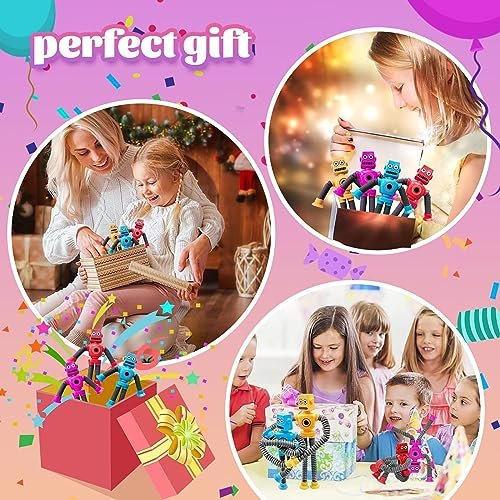 Bendable Robot Figures, Basket Stocking Stuffer Set of 4 Flexible Men, Telescopic Suction Cup Robot Toy, Telescopic Pop Tubes, Fidget Tubes Sensory Toys for Girls Boys