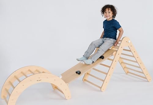 Beright 4 in 1 Pikler Triangle Gym, Montessori Foldable Climber with Ramp, Indoor Climbing Toys for Kids, Climbing Triangle for Toddlers Arch Climber, Rocker, Learning Waldorf Toy Structure, Natural