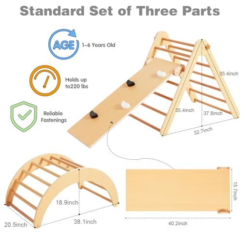 Beright 4 in 1 Pikler Triangle Gym, Montessori Foldable Climber with Ramp, Indoor Climbing Toys for Kids, Climbing Triangle for Toddlers Arch Climber, Rocker, Learning Waldorf Toy Structure, Natural
