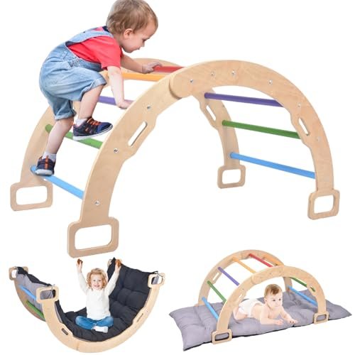 BIERUM Climbing Arch for Toddler, Wooden Climber Toys Inside, Montessori Arch Rocker Indoor, Kids Ladder Arch for Climbing with Two-Color Soft Cushion, Natural, Rainbow