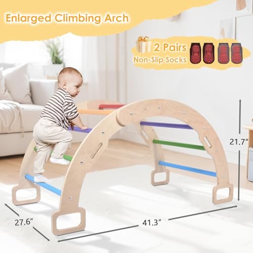 BIERUM Climbing Arch for Toddler, Wooden Climber Toys Inside, Montessori Arch Rocker Indoor, Kids Ladder Arch for Climbing with Two-Color Soft Cushion, Natural, Rainbow