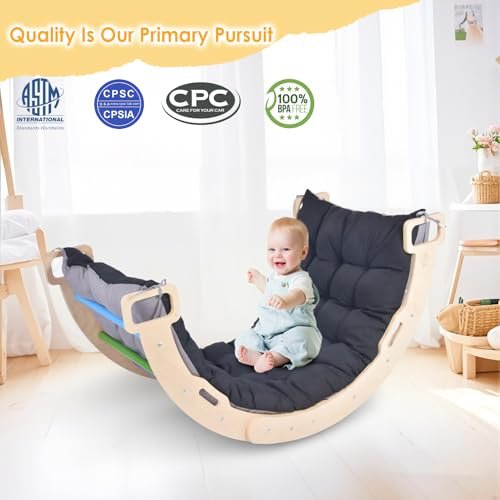 BIERUM Climbing Arch for Toddler, Wooden Climber Toys Inside, Montessori Arch Rocker Indoor, Kids Ladder Arch for Climbing with Two-Color Soft Cushion, Natural, Rainbow