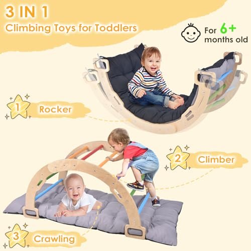 BIERUM Climbing Arch for Toddler, Wooden Climber Toys Inside, Montessori Arch Rocker Indoor, Kids Ladder Arch for Climbing with Two-Color Soft Cushion, Natural, Rainbow