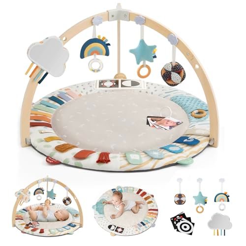 Blissful Diary Baby Play Gym & Activity Mat, 5 Developmental Zones Wooden Tummy Time Mat with 6 Detachable Sensory Toys for Motor Skills & Sensory Development, Baby Essentials Shower Gift