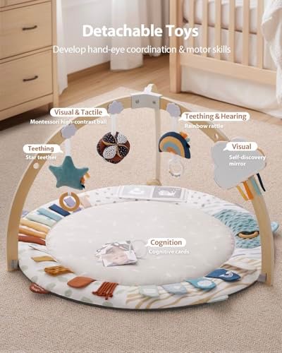 Blissful Diary Baby Play Gym & Activity Mat, 5 Developmental Zones Wooden Tummy Time Mat with 6 Detachable Sensory Toys for Motor Skills & Sensory Development, Baby Essentials Shower Gift
