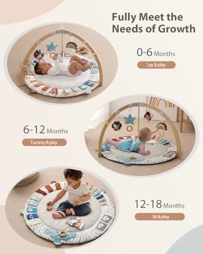 Blissful Diary Baby Play Gym & Activity Mat, 5 Developmental Zones Wooden Tummy Time Mat with 6 Detachable Sensory Toys for Motor Skills & Sensory Development, Baby Essentials Shower Gift