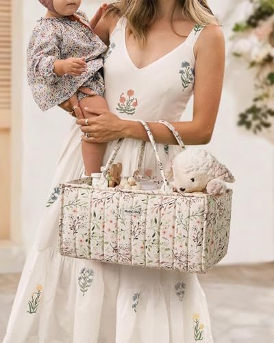 Blissful Diary Floral Diaper Caddy Organizer, Stylish Nursery Storage Basket, Gift for Baby Shower, Baby Registry Must Have, Newborn Essentials, Pastoral Daisy