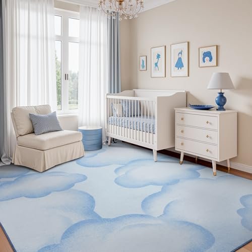Blue Cute 8x10 Area Rugs for Nursery Playroom Soft Rugs for Living Room Bedroom Dining Room Washable Non Slip Cozy Neutral Rug for Kids Baby Boy Toddler