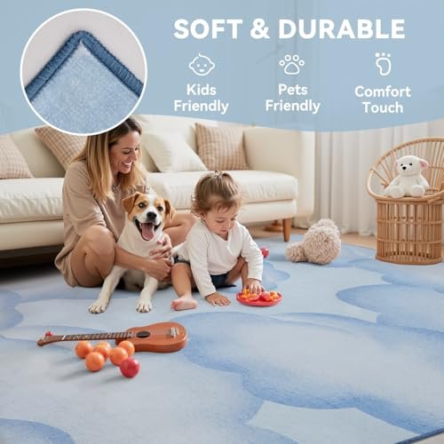 Blue Cute 8x10 Area Rugs for Nursery Playroom Soft Rugs for Living Room Bedroom Dining Room Washable Non Slip Cozy Neutral Rug for Kids Baby Boy Toddler