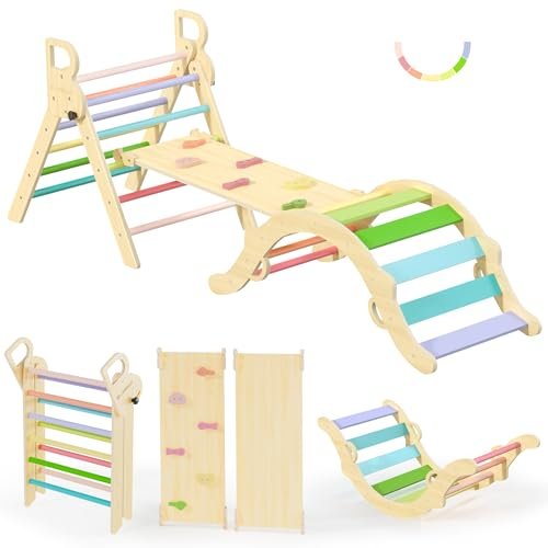 BlueWood Pikler Triangle Set, Toddler Wooden Climbing Toys Indoor 7in1 Foldable Climber for Kids, Montessori Philosophy Play Jungle Gym with Arch, Ramp, Ladder (Colorful Spring)
