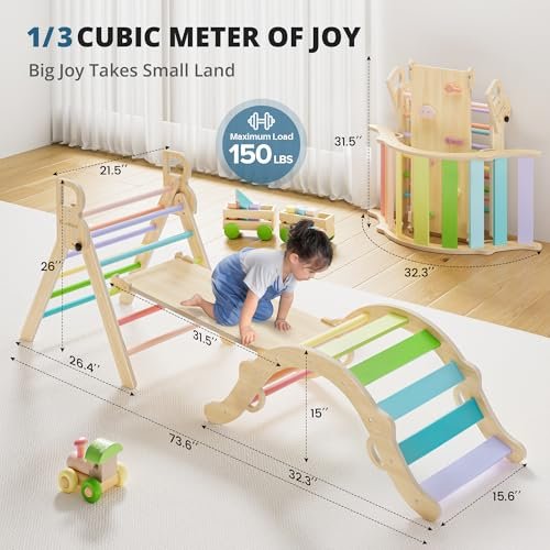 BlueWood Pikler Triangle Set, Toddler Wooden Climbing Toys Indoor 7in1 Foldable Climber for Kids, Montessori Philosophy Play Jungle Gym with Arch, Ramp, Ladder (Colorful Spring)