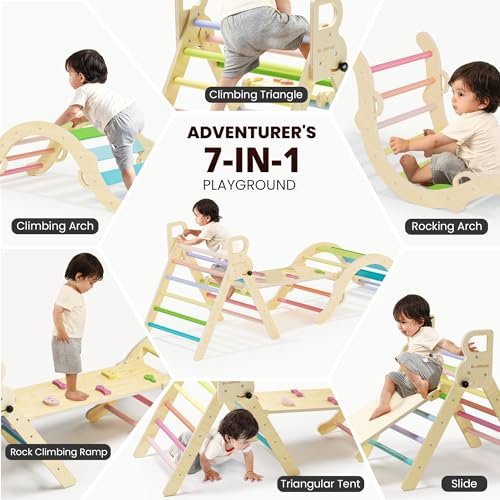 BlueWood Pikler Triangle Set, Toddler Wooden Climbing Toys Indoor 7in1 Foldable Climber for Kids, Montessori Philosophy Play Jungle Gym with Arch, Ramp, Ladder (Colorful Spring)