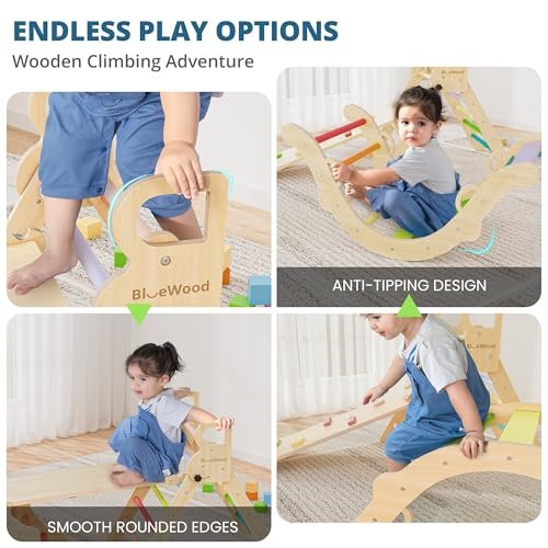 BlueWood Pikler Triangle Set, Toddler Wooden Climbing Toys Indoor 7in1 Foldable Climber for Kids, Montessori Philosophy Play Jungle Gym with Arch, Ramp, Ladder (Colorful Spring)