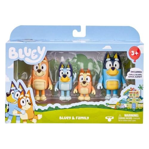 Bluey Family Figure 4-Pack β Includes Bluey, Bingo, Mum (Chilli) & Dad (Bandit), Poseable Collectible Toys for Kids, Durable Cake Toppers, for Toddlers & Fans, Ages 3+
