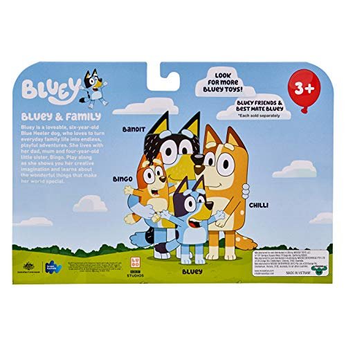 Bluey Family Figure 4-Pack – Includes Bluey, Bingo, Mum (Chilli) & Dad (Bandit), Poseable Collectible Toys for Kids, Durable Cake Toppers, for Toddlers & Fans, Ages 3+