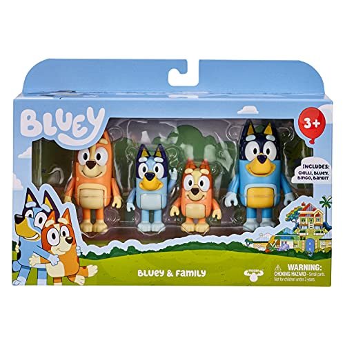 Bluey Family Figure 4-Pack – Includes Bluey, Bingo, Mum (Chilli) & Dad (Bandit), Poseable Collectible Toys for Kids, Durable Cake Toppers, for Toddlers & Fans, Ages 3+