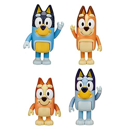 Bluey Family Figure 4-Pack – Includes Bluey, Bingo, Mum (Chilli) & Dad (Bandit), Poseable Collectible Toys for Kids, Durable Cake Toppers, for Toddlers & Fans, Ages 3+
