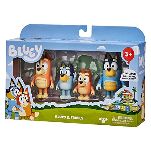 Bluey Family Figure 4-Pack – Includes Bluey, Bingo, Mum (Chilli) & Dad (Bandit), Poseable Collectible Toys for Kids, Durable Cake Toppers, for Toddlers & Fans, Ages 3+
