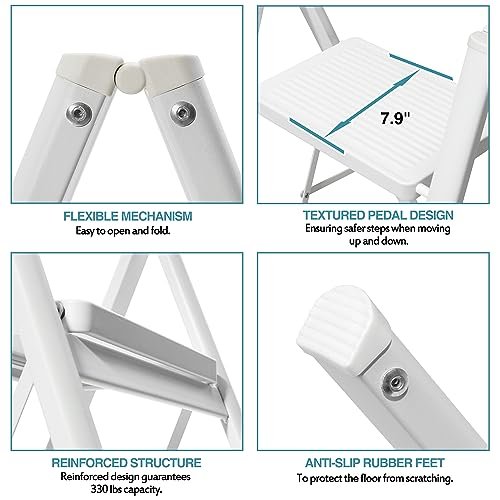 BOCOM 2 Step Ladder, Lightweight Portable Foldable Collapsible Folding Sturdy Iron Metal Step Stool with Anti-Slip Wide Pedal, Heavy Duty 330 lbs Capacity, for Home, Kitchen, Closet, Adults, White